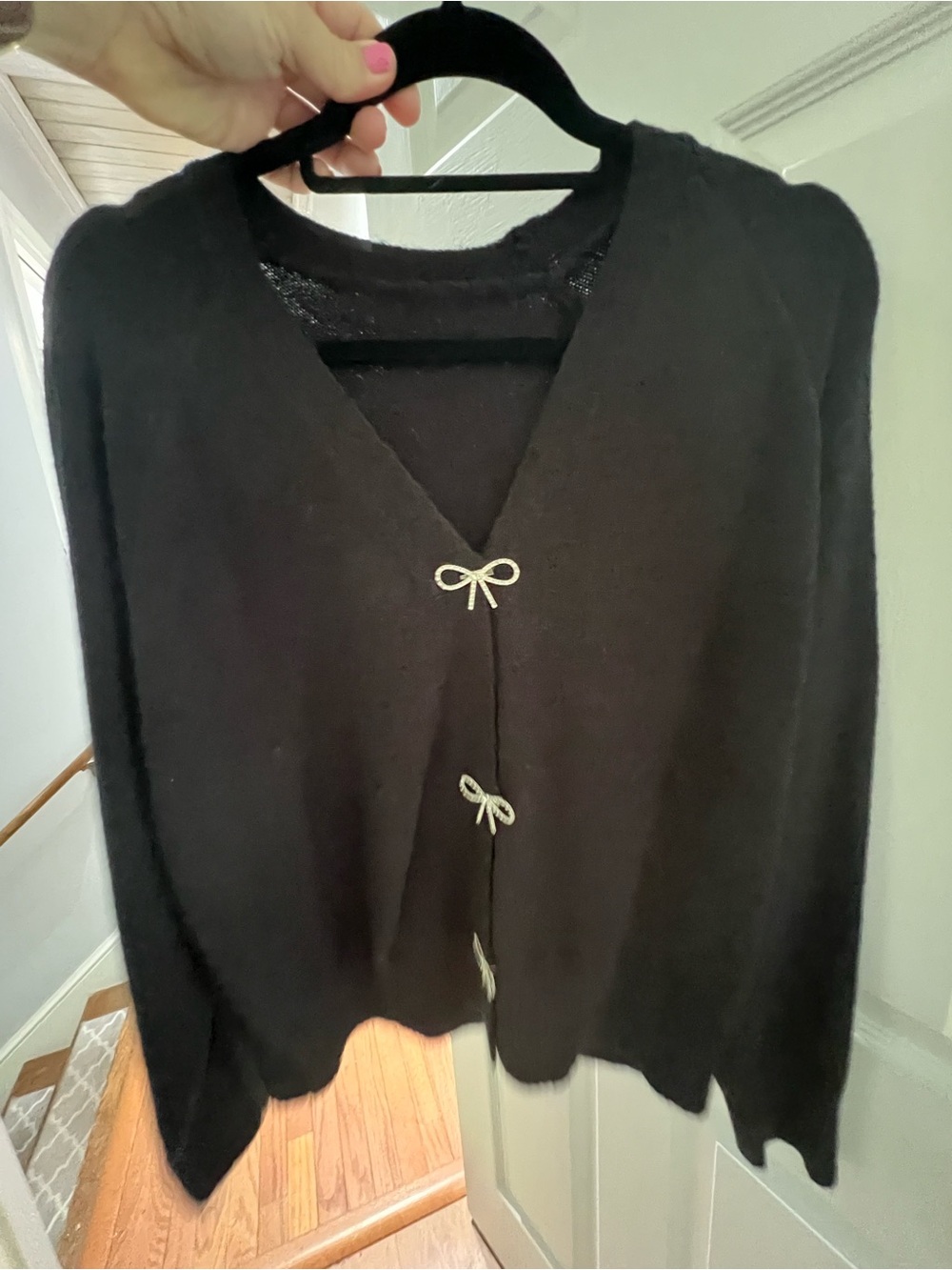 Cupshe Black V-Neck Knit Cardigan with Bow Accents